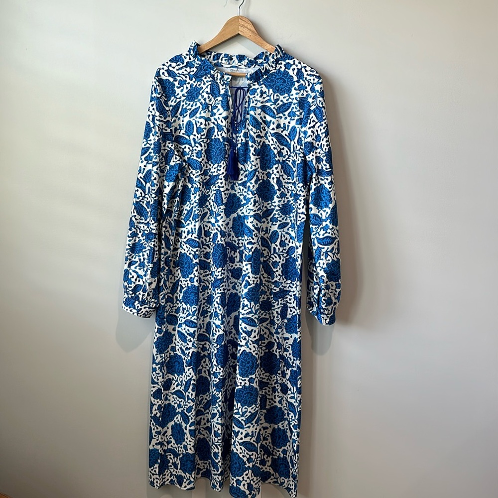 Blue Floral Block Print Silky Feel Oversized Beachy Boho Maxi Dress